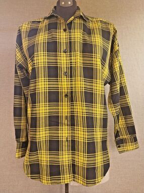 Vintage Directions by Brooks Yellow & Black Plaid Button Up Dolman Shirt  Medium